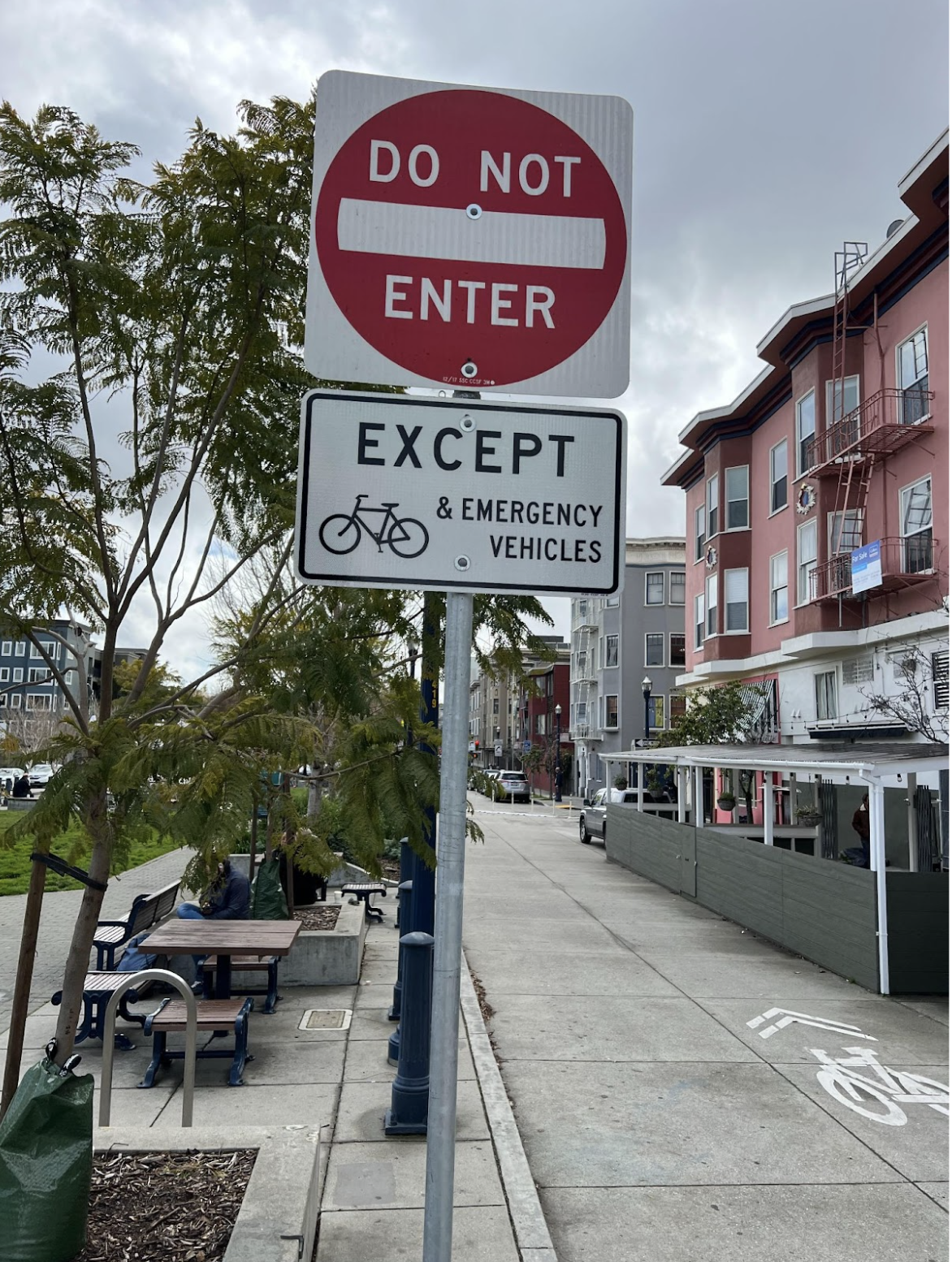 Given <b>img</b>. Q: Can I go down this street on a bicycle, yes or no? A: Let's think step by step. [sep] 1. do not enter. 2. except bicycles. 3. do not enter except bicycles. 4. yes.