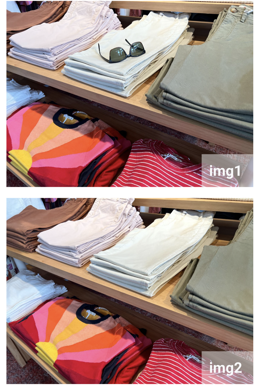 Photo 1: <b>img1</b>.  Photo 2: <b>img2</b>.  Q: What is in Photo 1 but NOT in Photo 2? A: Let's think step by step and explain.[sep] Photo 1 has sunglasses on top of folded clothes. Photo 2 does not have sunglasses on top of folded clothes. Therefore, sunglasses are in Photo 1 but not in Photo 2.